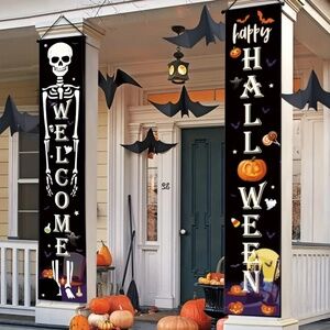 2pcs Halloween Decorations Porch Banners Welcome Sign for Home Front Door Yard